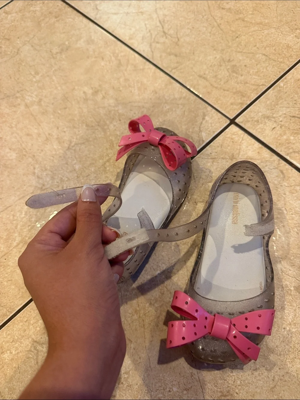 Mini Melissa Taupe Jelly Mary Janes with Pink Bow